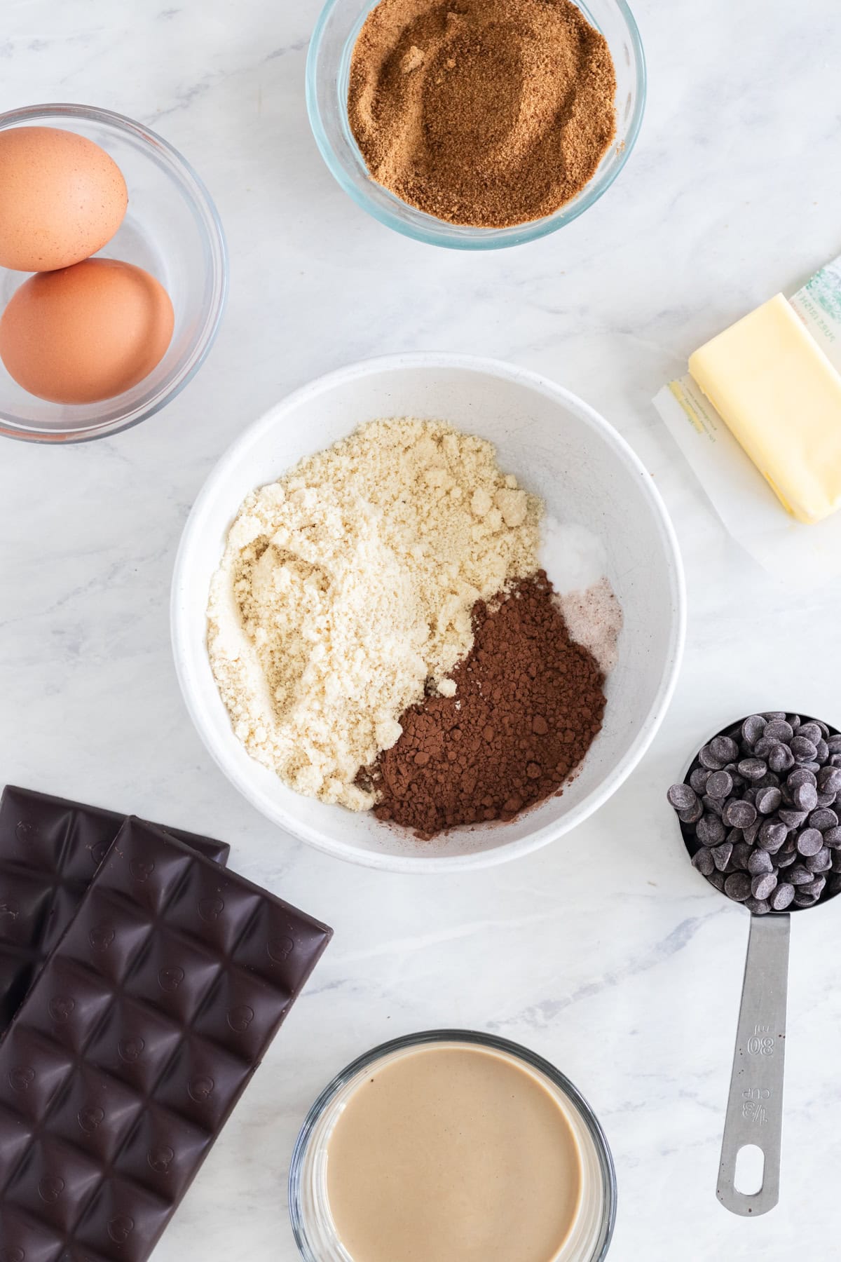 Ingredients for gluten free double chocolate chip cookies.
