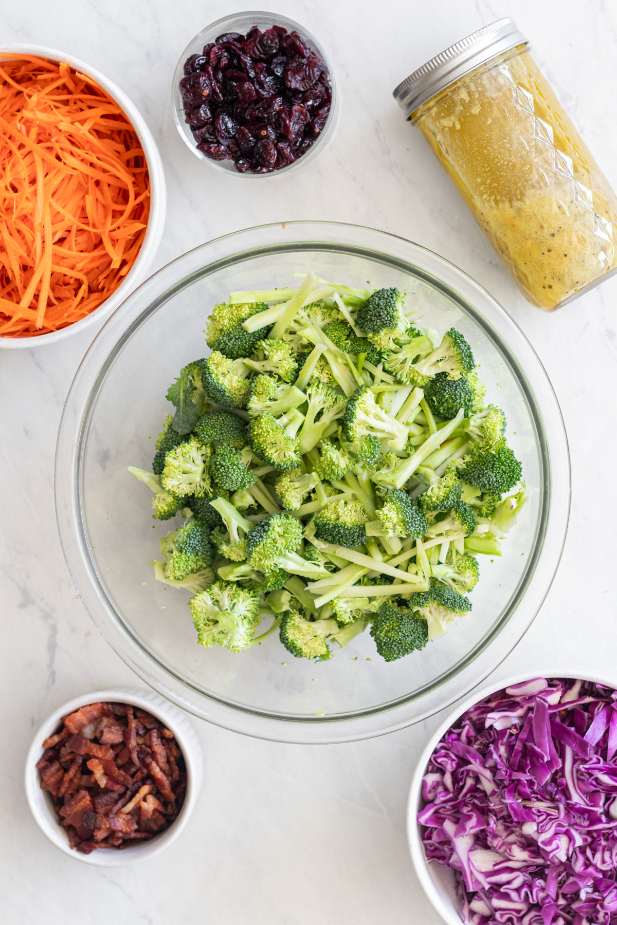 Broccoli florets in a bowl near red cabbage, dressing, shredded carrots and cranberries.